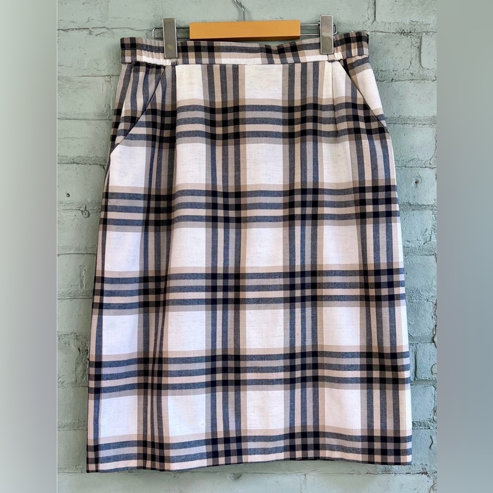 Vintage Plaid Midi Skirt in Beige and Navy Blue - large - Picture 4 of 7